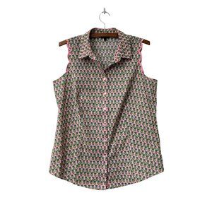 Talbots Sleeveless Pink And Green Pineapple Print Button-Down Top
